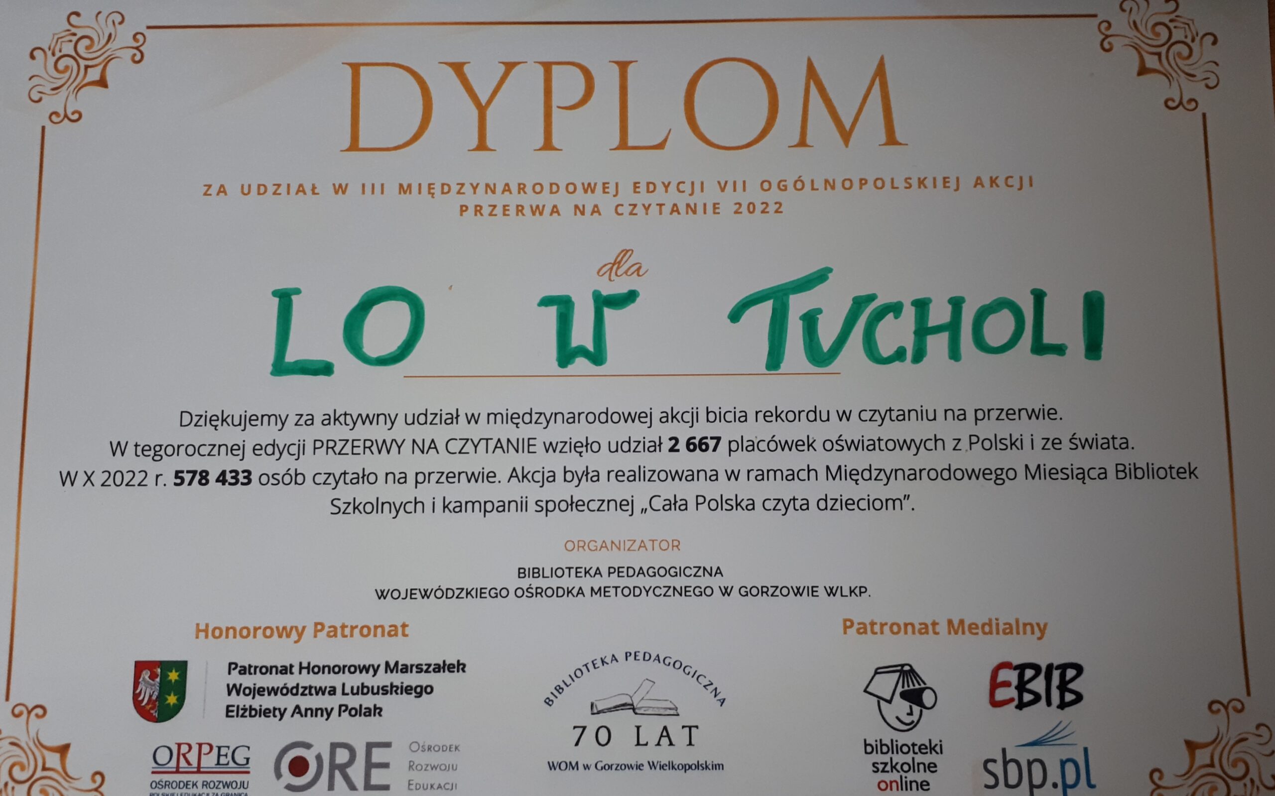 Dyplom Dla Liceum Og lnokszta c cego W Tucholi Za Udzia W 